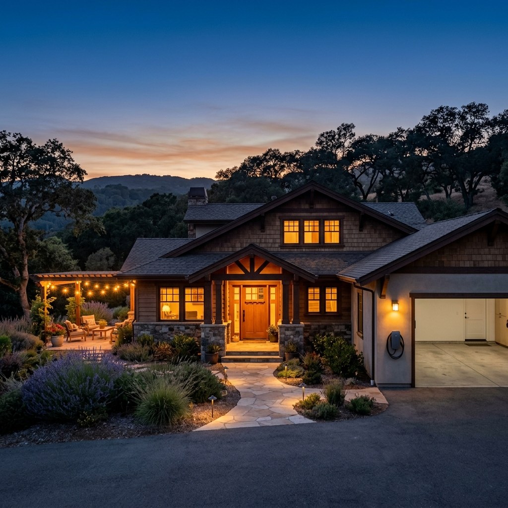 A Central Coast craftsman home at dusk with every window lit and a warm, glowing front entry